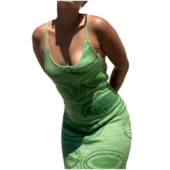 2021 Prindi Koo Bodycon Kleit Naistele Roheline Suvel Õõnes Välja Seksikas Varrukateta Spagetid Rihm Beach Midi Kleidid Pool Pikk kleit