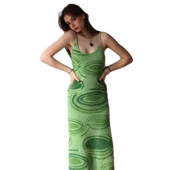 2021 Prindi Koo Bodycon Kleit Naistele Roheline Suvel Õõnes Välja Seksikas Varrukateta Spagetid Rihm Beach Midi Kleidid Pool Pikk kleit