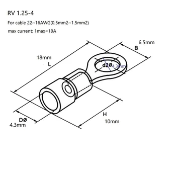 50tk/Kott RV1.25-4 Isoleeritud Ring Terminal Elektri Traat Press Pistik AWG 22-16