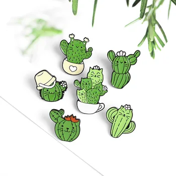Armas Cactus Kass Pin-Roheline Kapseldatud Taim Emailiga Sõrmed Prossid Cartoon Armas Särk, Müts Sõrmed Lapsed Laste Ehted Accesaries