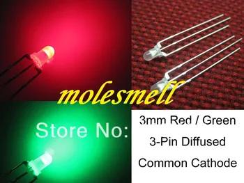 Tasuta kohaletoimetamine 100tk 3mm hajutatud Dual Bi-Värv Punane/Roheline Ere 3-Pin Led Katoodi Led Lamp
