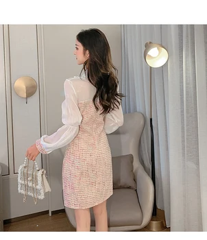 2020. Aasta Sügis-Talvel Seksikas Segast Tweed Kleit Elegantne Naiste Pikad Varrukad Väikesed Lõhnavad Tuule Villa Tutt-Line Kleit