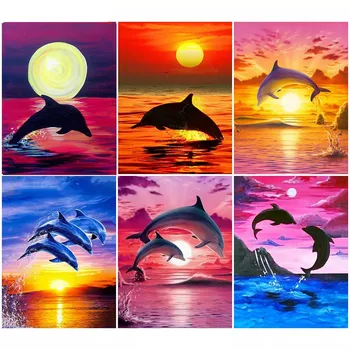 5D DIY Täis Square Diamond Maali Armas Delfiin Käsitöö Puurida Tikandid Loomade Diamond Mosaiik Sunset Home Decor