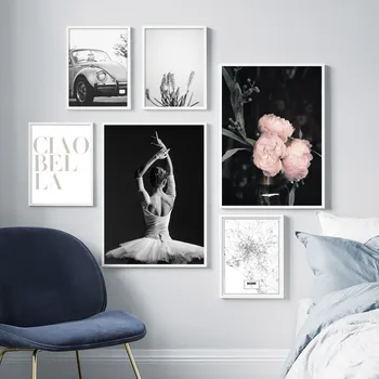 Vintage auto must ja valge ballett tüdruk pojeng seina art lõuend maali Nordic plakatid ja pildid elutuba teenetemärgi maali