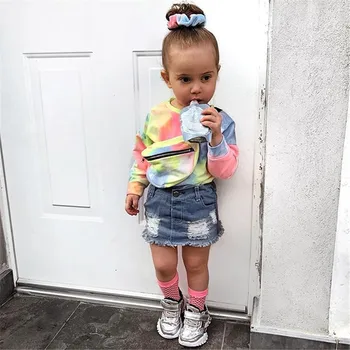 Pudcoco USA 2tk teise lapse Laps Beebi Tüdrukute Riiete Komplekt Fashion Tie-dye Pikk Varrukas Ülevalt ja Nuppu Ripitud Denim Lühike Seelik