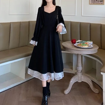 SLPBELY Retro Must Kleit Naistele prantsuse Vintage Hepburn Lace Up Square Krae Kleit Pikkade Varrukatega Elegantne Joon Pikk Kleit