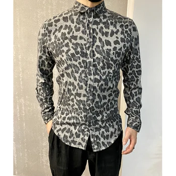 Sügis väike tasku pestud matt leopard printida meeste särk meeste slim paigaldamise särk s5018