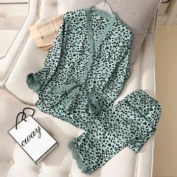 2021 Uus Pidžaama Komplekt Naistele Kevad-Suvel Seksikas Leopard Nightwear Siidine Satiin Sleepwear 2 Tükki Öö Sobiks Siserõivad