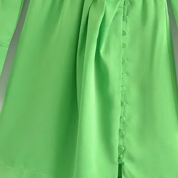 XEASY 2021 Suvel Elegantne Naiste Vintage Satiin Roheline V-Kaelus Kleit Naiste Mood Slim Nuppu kaunistamiseks Poolita Vabaaja Mini Kleidid