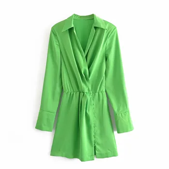 XEASY 2021 Suvel Elegantne Naiste Vintage Satiin Roheline V-Kaelus Kleit Naiste Mood Slim Nuppu kaunistamiseks Poolita Vabaaja Mini Kleidid