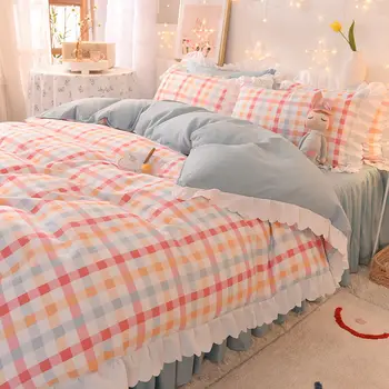 Värvikas ruuduline puuvillane bed 4-osaline voodi seelik ruffled tekk katab voodi lehel padjapüür uus lihtne girly kolm rõivakomplekti