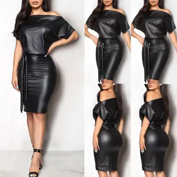 Must Asümmeetriline Seksikas Faux Nahast Bodycon Kleit Naiste 2019 Suvel Pikad Varrukad Põlve Pikkuses Kleidid Pliiats