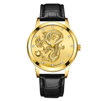 Mehi Vaadata Luksus Meeste Nahast Watchband Gold Dragon Nikerdatud Dial Vaadata Meeste Vabaaja Kvarts Nahast Rihm Watch Analoog Kella