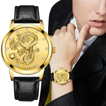 Mehi Vaadata Luksus Meeste Nahast Watchband Gold Dragon Nikerdatud Dial Vaadata Meeste Vabaaja Kvarts Nahast Rihm Watch Analoog Kella