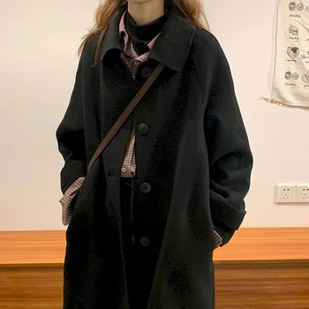 Must villane mantel 2021 uus high street sügisel ja talvel, naiste villane mantel varruka pikkus lühike tüdruk mantel Jaapani temperament