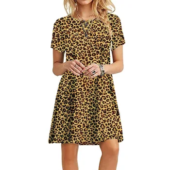 Kõik-Mängu Casual Uus Stiil Suvel Womans Kleit Lühikeste Varrukate Põhjuslik Meeskonna Kaela Basic-Line Õie Lilli Trükitud Leopardi Kleit
