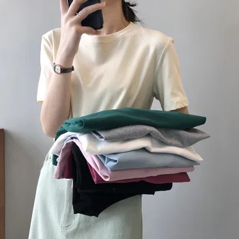 Puhta värvi lühikeste varrukatega T-särk, naiste Naiste riie korea versiooni basic ümber kaela lahti valge läbilöök top kõik-match naised
