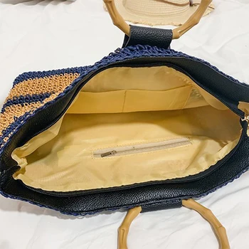 Casual Triibuline Õled Kotid Bambusest Käepide Naiste Käekotid Vitstest Punutud Õla Crossbbody Kott Rotangist Suvel Rannas Suur Tassima 2021