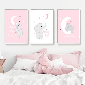 Kuu Ja Baby Elevant Plakat Armas Kaasaegne Valge Roosa Kunst Seina Maalid Plakat Ja Print Põhjamaade Pilte Tüüpi Tuba Decor
