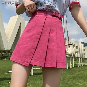 Roos Punane Teksariidest Teksad Plisseeritud Naiste Seelikud, Lukk Kõrge Vöökoht 2021 Suvel Streetwear Korea Vintage Lühike Seelik Femme