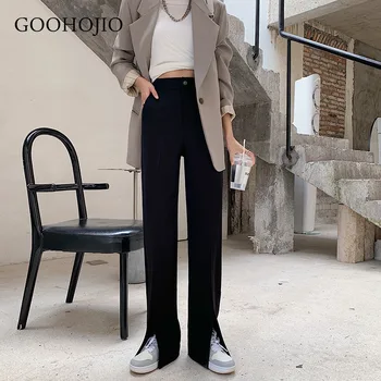 GOOHOJIO 2021 Uus Kevad-Sügis Vabaaja Ülikond Split Kahvel Naiste Püksid Naiste Püksid Kõrge Vöökoht Liiga Lai Jalg Pant Naistele