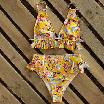 MYTENG Seksikas Retro Prindi Supelrõivad Naiste Bikinis 2020 Push Up Ujumistrikoo Kahe-osaline Komplekt, Ruffle Kõrge Vöökoht Suvel Beachwear Biquini