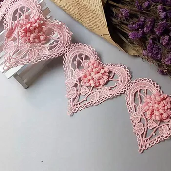 1 Hoovis Roosa 3D Heart Cotton Flower Pits Sisekujundus Tikitud Pits Linti Käsitsi valmistatud pulmakleit Segast Õmblemine Tarvikud Käsitöö