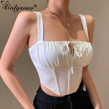Colysmo Valge Tops Naiste Backless Square Kaela Crop Top Rinnal Draped Bow Lace Up Korsett Holiday Club Vabaaja Bustier Uus 2021