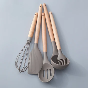 1tk Silikoon Köök Tööriistade Komplekt Cooking Tööriistad, Nõud Spaatliga Kopp Supp Lusikas koos Puidust Käepide Spetsiaalne kuumuskindel Disain
