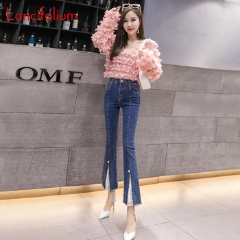 Y2k Egirl Korea Fashion Profileerimine Split Põletatud Teksad, Püksid Naiste Kõrge Vöökoht Pilu, Pits E Tüdruk Streetwear Sinine Denim Püksid Püksid