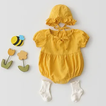 2021 Summer Baby Girl Romper Riided Imiku Lapsed Mull Lühikeste varrukatega Riided, Mütsi, Kahe-osaline Puuvillane Hingav Romper Ülikond