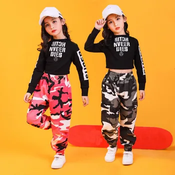 2021 Uus Jazz Tantsu Kostüümid Puhul Lapsed Pika varrukaga, kanna Kamuflaaž Püksid Hip-Hop Tantsu Riided Tüdrukutele Jazz Performance Kostüümid XS1020