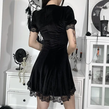 Y2K Goth Vintage Lace Must Kleit Musta Jube Seksikas Kõrge Vöökoht Mini Kleit Esteetiline Lühikesed Varrukad Joon pitsi Poole Klubi Kandma