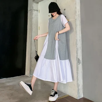 Ebaregulaarne Tabanud Värvi Suvine Kleit Ruffles Naiste Korea Pluss Suurus Lühikesed Varrukad Lahti Casual Kleidid Moe Elegantne Riided 2021
