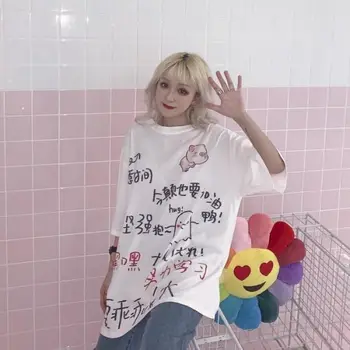 Harajuku Tshirt Naiste T-Särk Hip-hop-korea Teksti Cartoon Graffiti Trükkimine Lühikeste varrukatega T-särk Vintage Punk Riided Kawaii