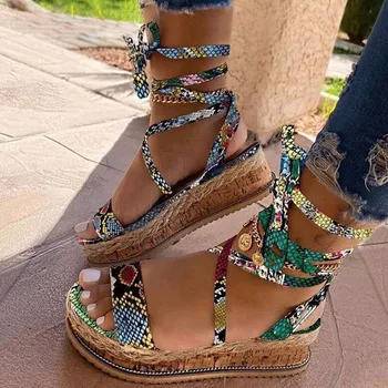 Kingad, sandaalid naistele uus leopard madu sponge cake alumine paks jalarõngas rihm naiste sandaalid nahast gladiaator sandaalid