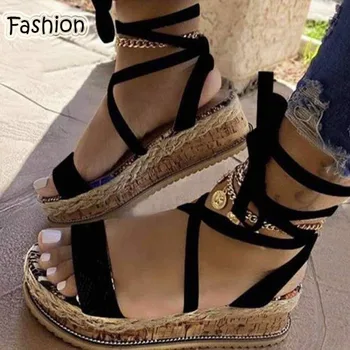Kingad, sandaalid naistele uus leopard madu sponge cake alumine paks jalarõngas rihm naiste sandaalid nahast gladiaator sandaalid