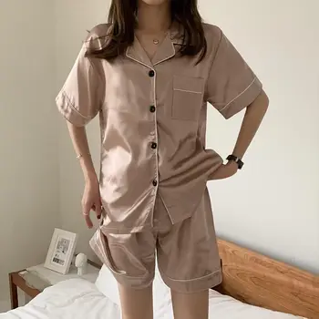 QWEEK Silk Kodu Sobib korea Pidžaama Naiste Suvel 2021 Pidžaamad Lühikesed Varrukad Pijamas 2-osaline Komplekt, Tahke 4XL Pluss Suurus Sleepwear