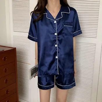QWEEK Silk Kodu Sobib korea Pidžaama Naiste Suvel 2021 Pidžaamad Lühikesed Varrukad Pijamas 2-osaline Komplekt, Tahke 4XL Pluss Suurus Sleepwear