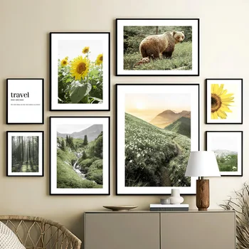 Karu Metsa Oja Wildflowers Päevalille Põhjamaade Plakatid Ja Pildid Roheline Kunsti Lõuend Maali Seina Pildid Elutuba Decor