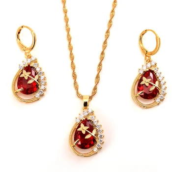 Luksuslik Inlay punase CZ Kristall teemant Kõrvarõngad ja ripats kaelakee pulm 24 k Fine Kuld Ehete Komplekti GF pool kingitused Naistele