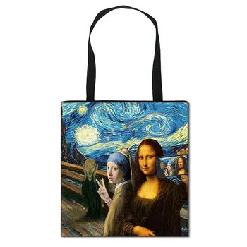 Mona Lisa Naiste Käekotid Daamid Õlakott Van Gogh Michelangelo Vabaaja Totes Kandekotid Eco Korduvkasutatavad Lõuend Kott