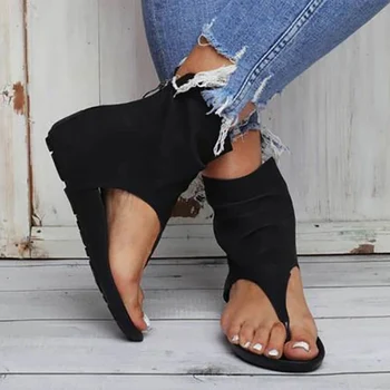 Sandalias de gladiador de piel con plataforma para mujer, zapatos planos Clip dedos, chanclas informales con cremallera verano