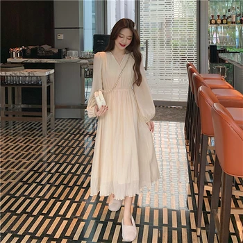 Elegantne Midi Kleit Naiste Office Lady V-kaeluse Vabaaja Pikk Varrukas Kleit Emane prantsuse Vintage Kleit korea vestido