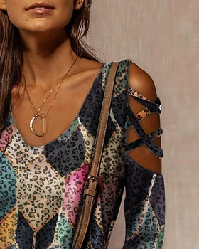 2020. aasta Suvel Naiste Mood Elegantne Tahke Redeli Lõigatud Disain Vabaaja Top Cutout Leopard Printida Pika Varrukaga T-särk