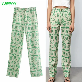 VUWWYV Za Naiste Püksid Rohelise trükise Sirge Jalg Püksid Naiste Kõrge Vöökoht Suvel 2021 Vintage Püksid Streetwear Naine Pant Sobib