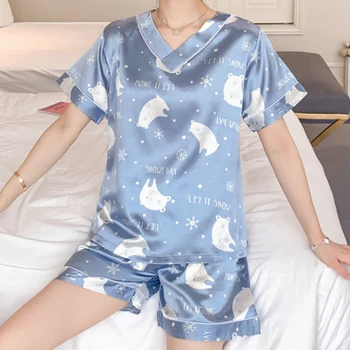 FINETOO Uued Suve-M-2XL V-Kaeluse Pyjama Kogum, Naised, Daamid Armas Multikas Prindi Sleepwear Naiste Mood Lühikesed Varrukad Kodu Ülikond