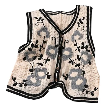 Korea Stiilne Retro Vintage Vest Naiste V-Kaeluse Lille Tikandid Lühike Särgid Naiste Käisteta Vest Boho Heegelda Outwear