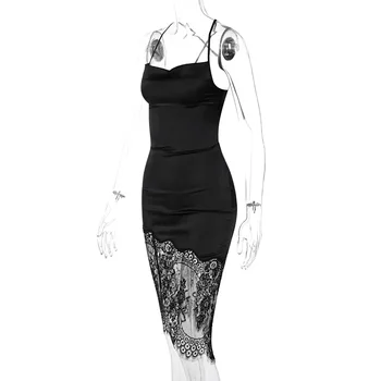 NewAsia Naine Satiin Kleit Backless nöörima Kapott Kaelusel Pits Segast Black Midi Seksikas Tõsta Kleit Lady Elegantne Suvine Rüü 2021 Uus