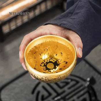 24K kuld õli tilk Jianzhan käsitsi valmistatud rauast keha kullatud portselan kungfu tee tassi kinkekarbis